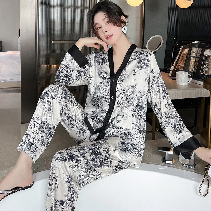 Women's Pajamas Set Luxury Print Silk Sleepwear V Neck Design Homewear Nightwear