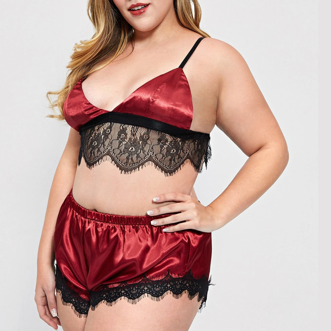 Plus Size Womens Satin Nightwear Lace Trim Bra Top Sissy Shorts of Lingerie Set