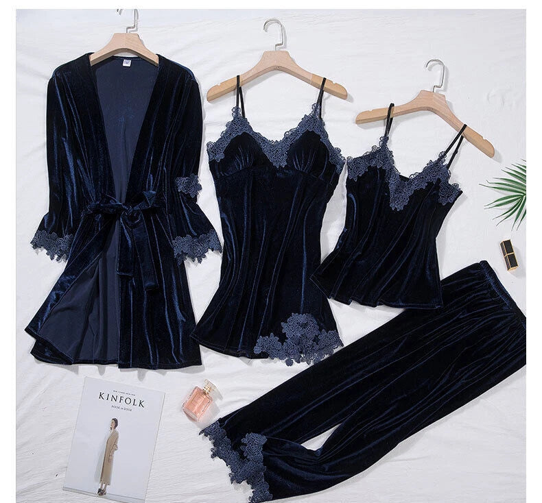 Pajama Suit Women 4PCS Robe Set Sleepwear Lady Lace Folwer Bathrobe Gown