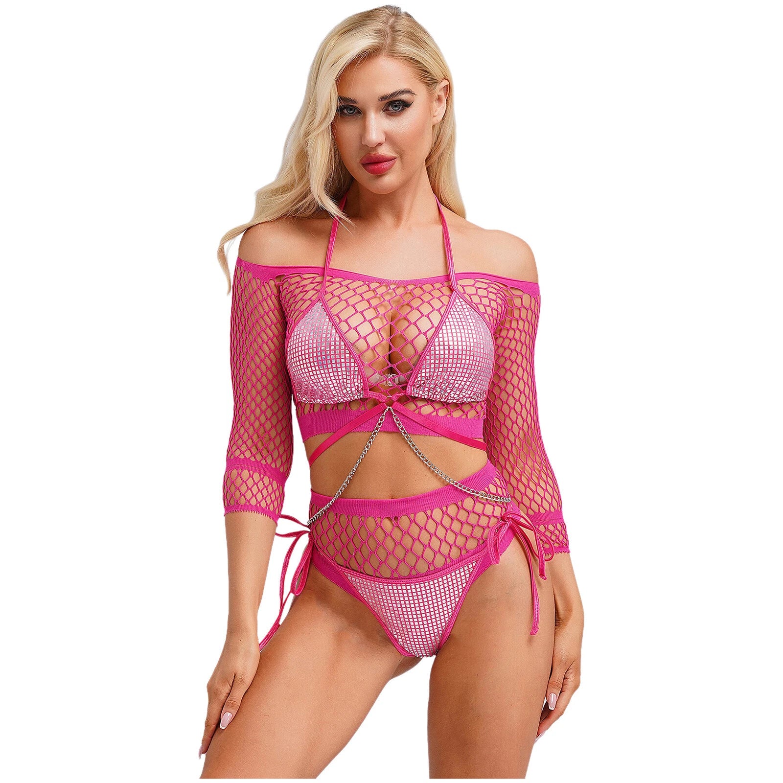 Womens Underwear Shiny Thong Crop Top Lingerie Lace-up Nightwear 4-piece Bra