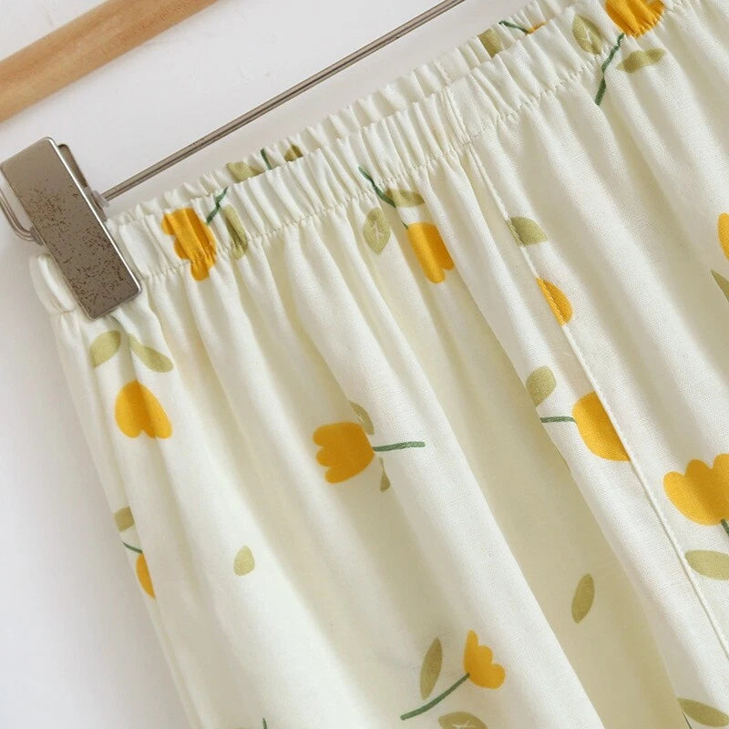 3PCS Women Pajamas Set 100% Gauze Cotton Printed Pyjamas Short Sleeve Sleepwear