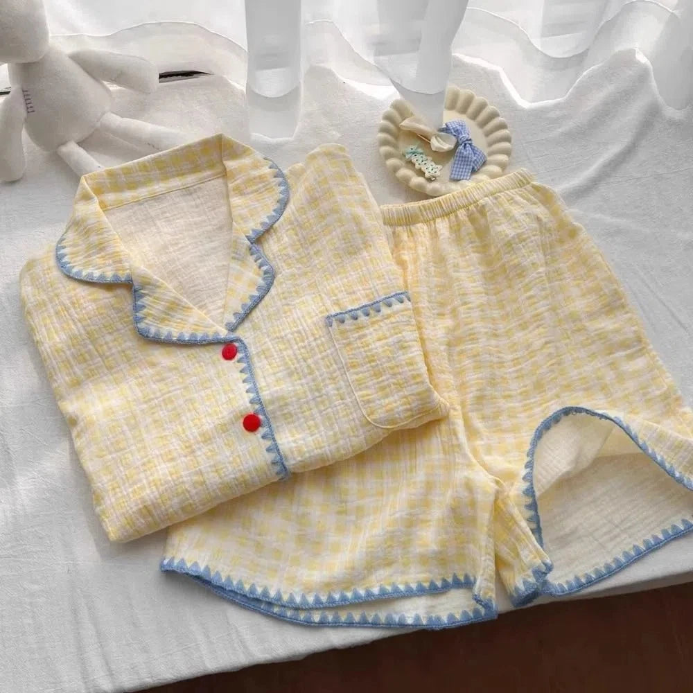 Summer Thin Plaid Pajama Set Cute 2 Piece Sleepwear Indoor Outdoor-