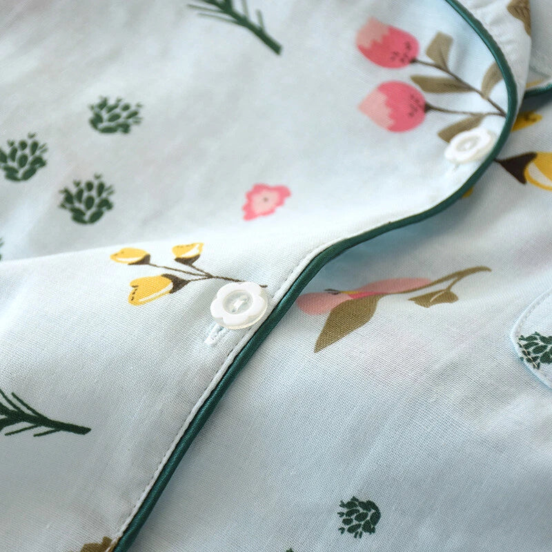 Women Pajamas Set 100% Cotton Printed Sleepwear Casual Nightwear Gauze Home Wear