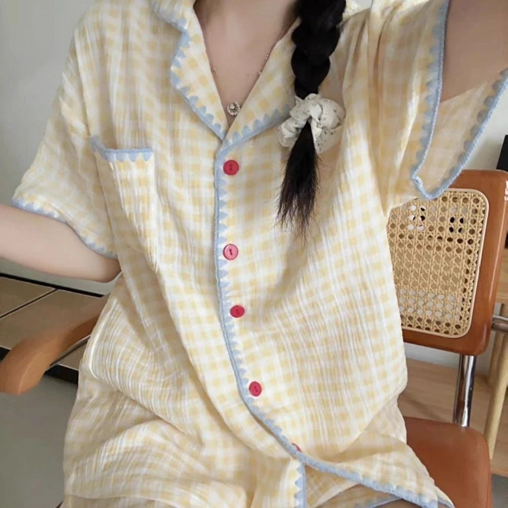 Summer Thin Plaid Pajama Set Cute 2 Piece Sleepwear Indoor Outdoor-