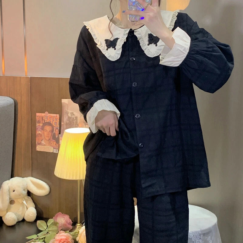 Korean women sweet pajamas long-sleeved trousers home service two-piece suit