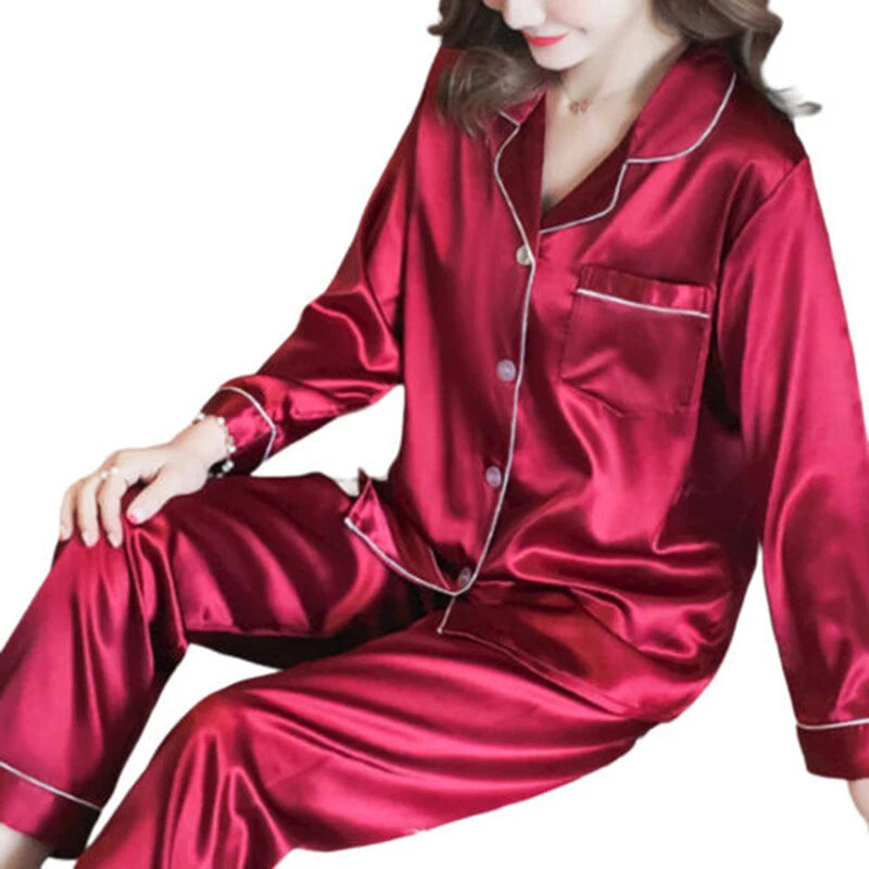 Women's Silk Satin Pajamas Set Long Sleeve Button-Down Sleepwear Loungewear