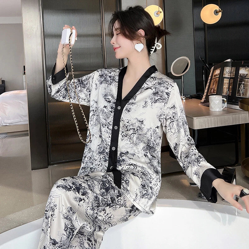 Women's Pajamas Set Luxury Print Silk Sleepwear V Neck Design Homewear Nightwear