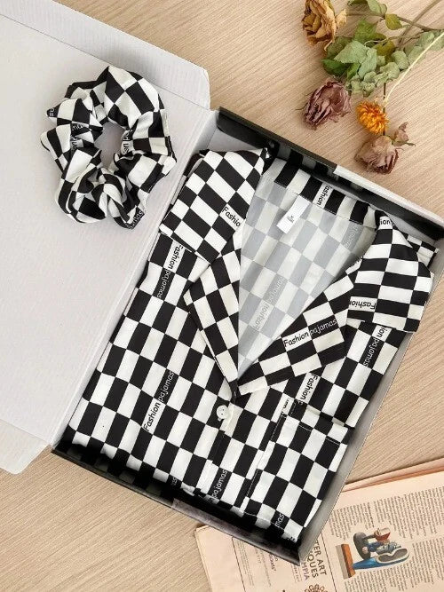 Sleepwear Two-Piece Set Elegant Print Plaid LongSleeve PijamasSuit Spring Summer