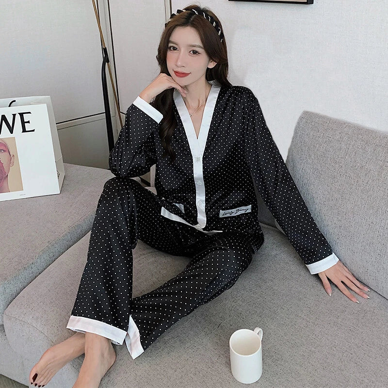 Women's Long Sleeve Silk Pajama Set Button-Down Sleepwear Print Loungewear Plus