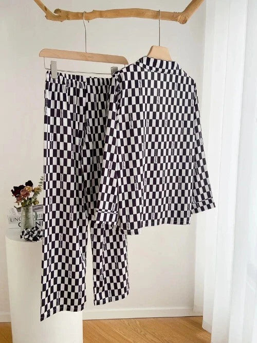 Sleepwear Two-Piece Set Elegant Print Plaid LongSleeve PijamasSuit Spring Summer