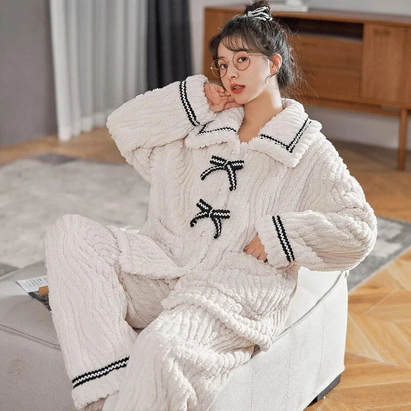 2Pcs/set Women's Pajamas Autumn Winter Students Home Wear Padded and Thickened