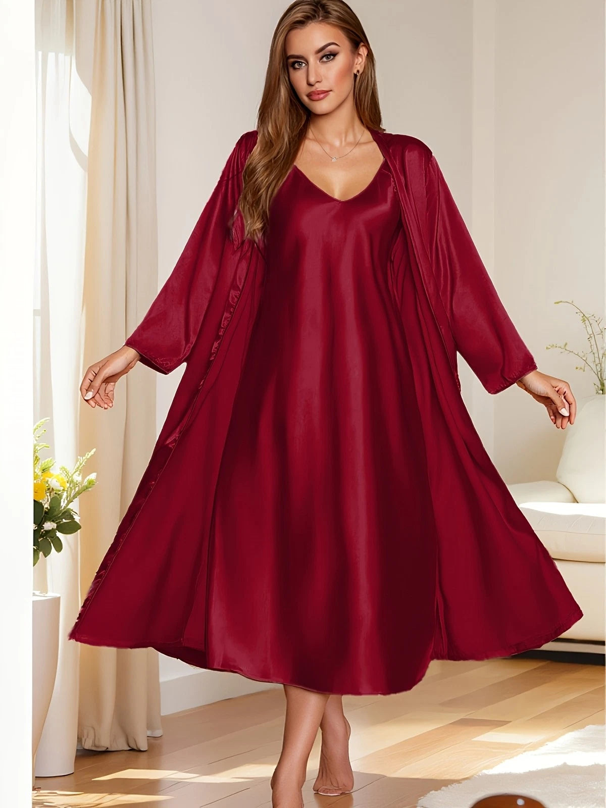 Women's satin silk robe dress sleepwear underwear long nightgown sleepwear