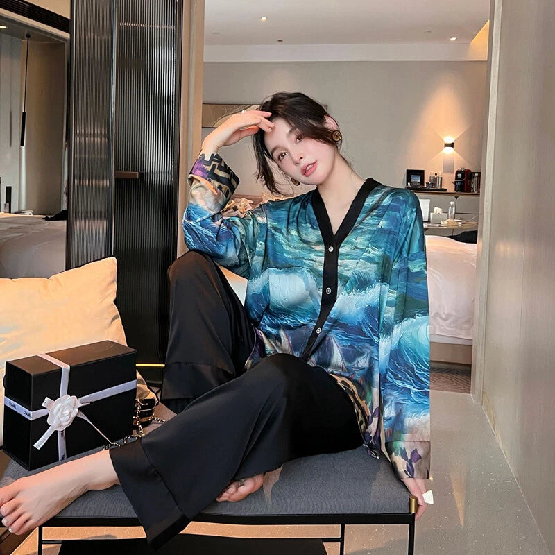 Women's Pajamas Set Luxury Print Silk Sleepwear V Neck Design Homewear Nightwear
