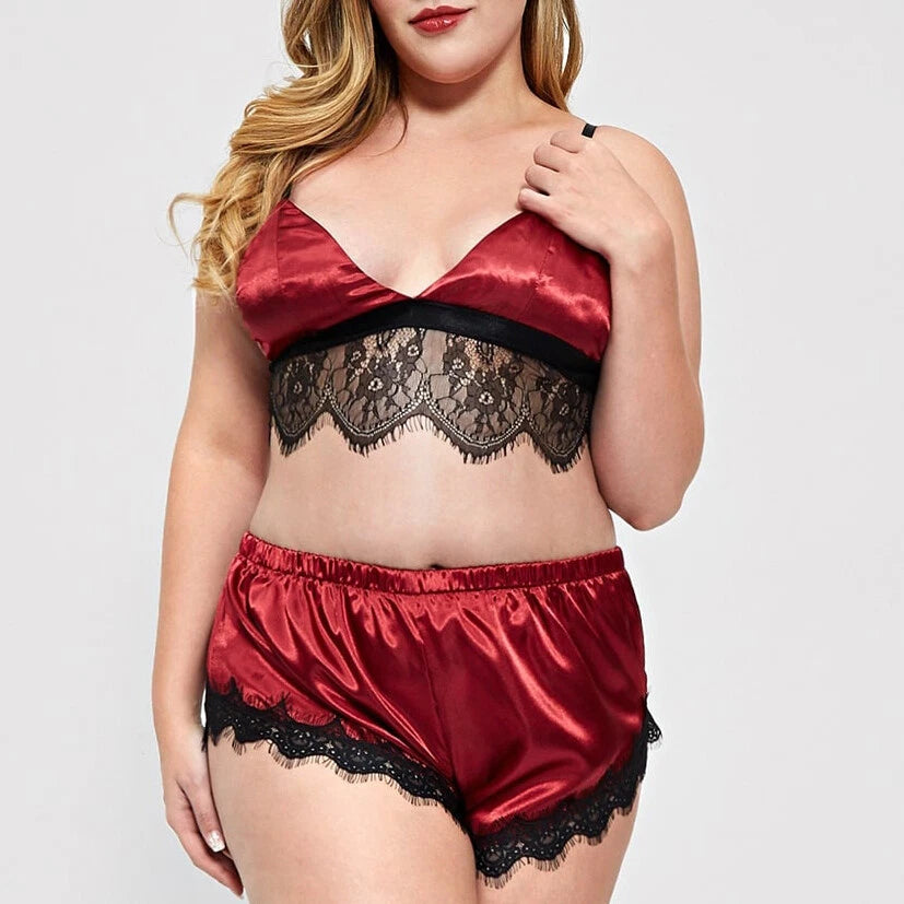 Plus Size Womens Satin Nightwear Lace Trim Bra Top Sissy Shorts of Lingerie Set