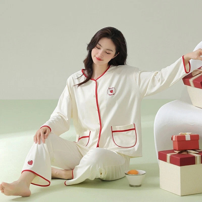 Fashion Women's Pajamas Autumn Embroidered Comfortable Casual Antibacterial Pajamas Set-