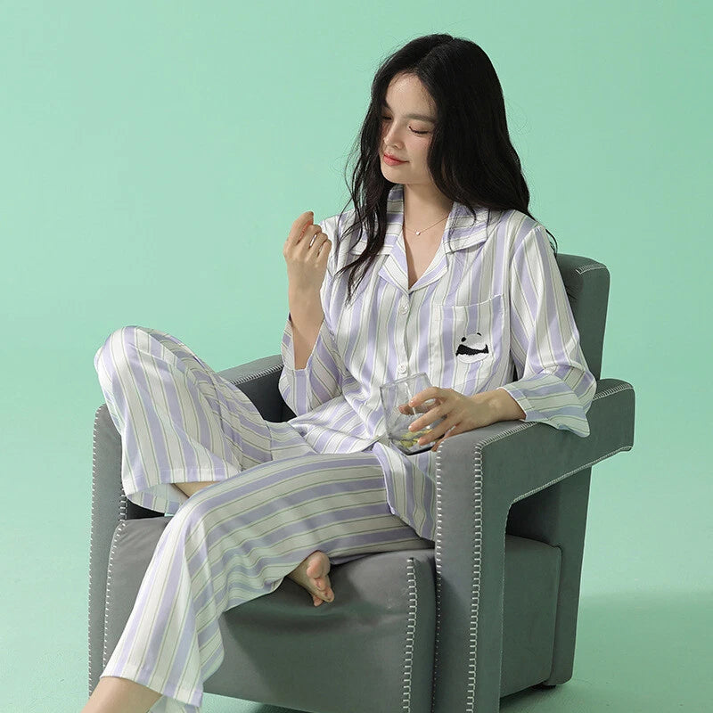 Women's Long Sleeve Pajamas Fashion Striped Homewear Comfortable Antibacterial Clothing-