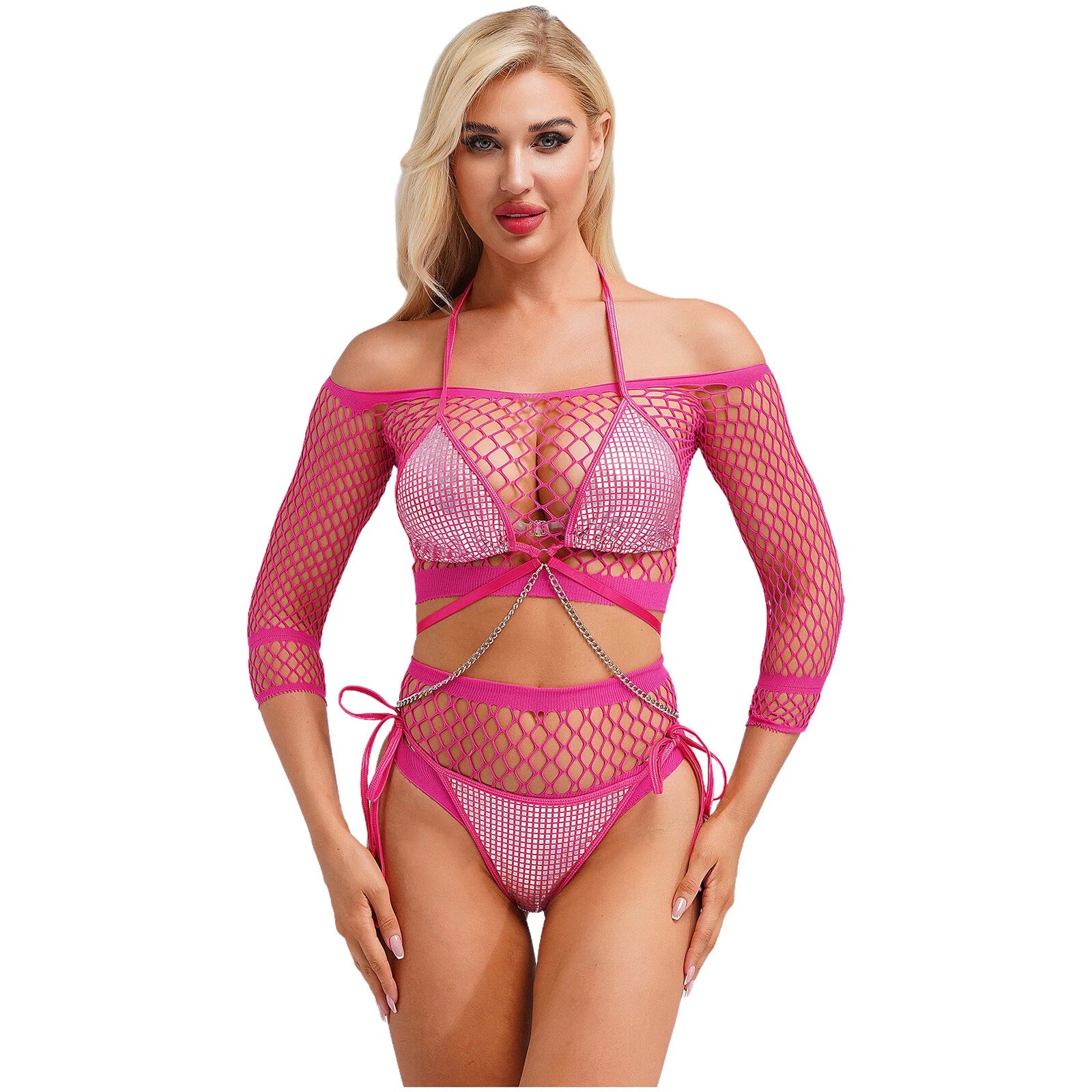 Womens Underwear Shiny Thong Crop Top Lingerie Lace-up Nightwear 4-piece Bra