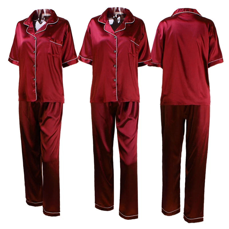Women's Satin Pyjamas Set Short Sleeve Button-Down Sleepwear Silk PJS Loungewear