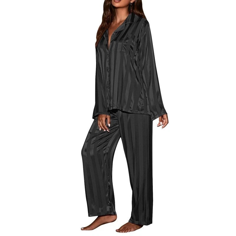 2023 Women's striped pajama set, solid silk satin pajama two-piece set