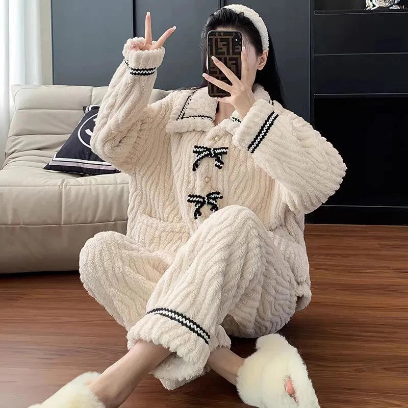 2Pcs/set Women's Pajamas Autumn Winter Students Home Wear Padded and Thickened