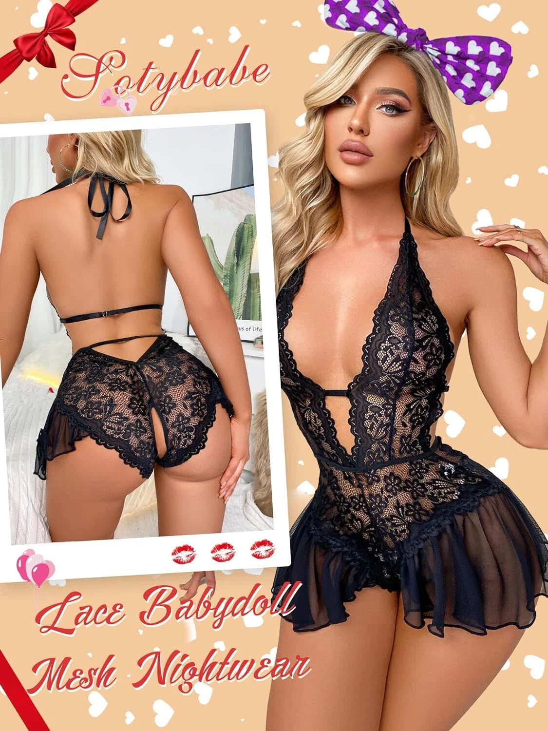 Women's Sexy Lingerie Bodysuit Dress Lace Lingerie Babydoll Nightwear Sleepwear