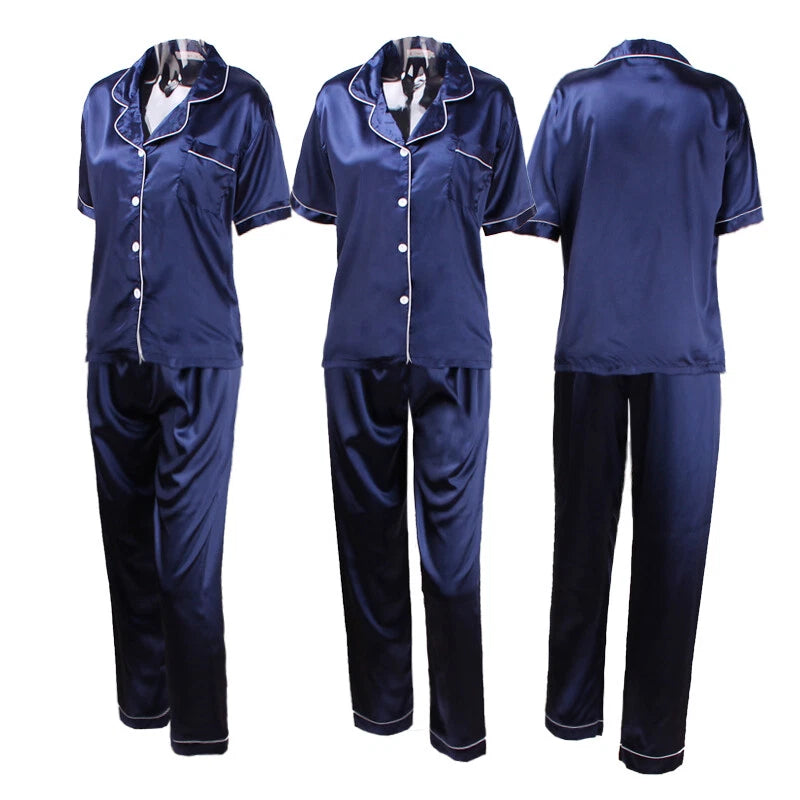Women's Satin Pyjamas Set Short Sleeve Button-Down Sleepwear Silk PJS Loungewear