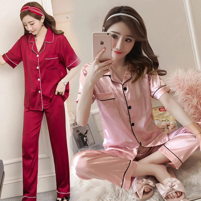 Women Lady Silk Satin Pajamas Set Pyjama Sleepwear Nightwear Summer Homewear Pj