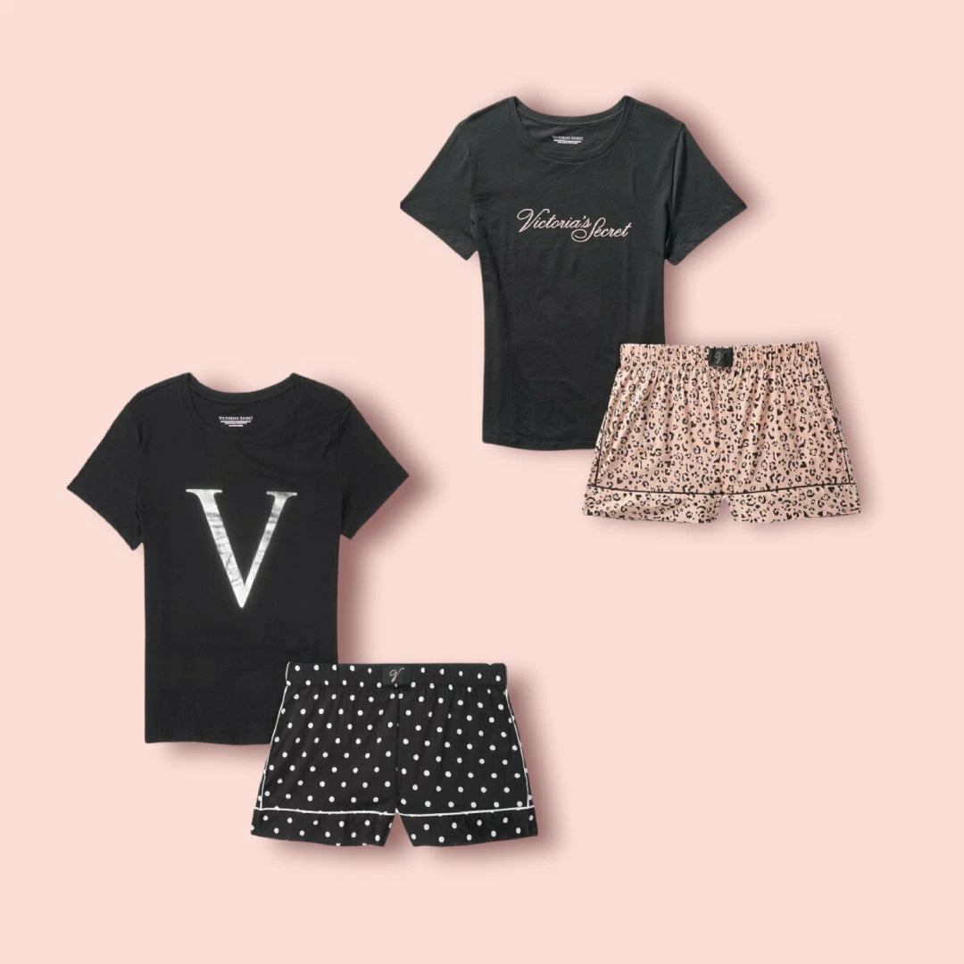 VICTORIA'S SECRET S,M, 2XLCotton Short Logo Tee-Pajama Black Dots or Leopard NWT