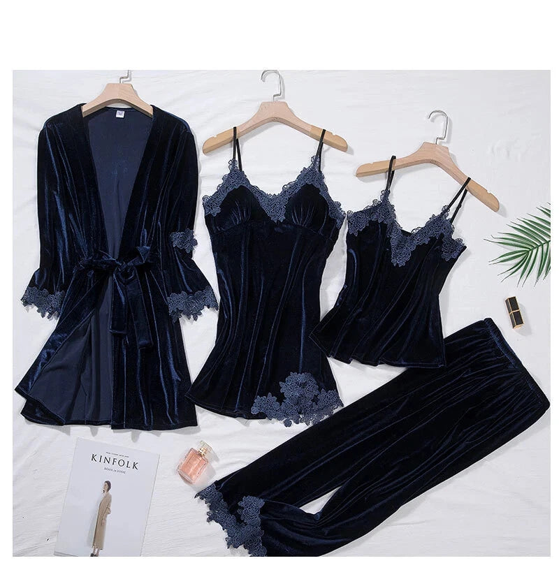 Velour Home Clothing 4pcs Sleep Set Intimate Lingerie Women Pajamas Long Sleeve