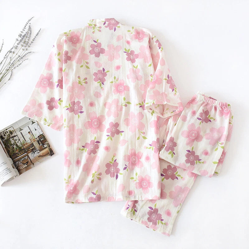 Japanese Harajuku 100% Gauze Cotton Kimono Pajamas Top+Pants Women Nightgown Set