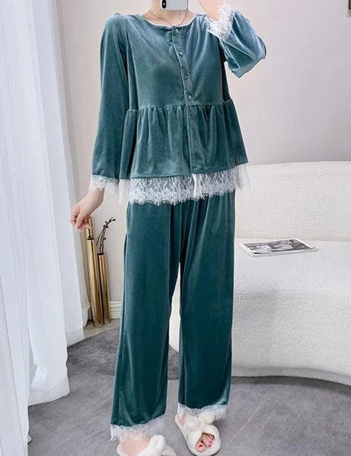 Velvet Pajamas Suit V-Neck 2PCS Set Women Lace Sleepwear Button-down Nightwear