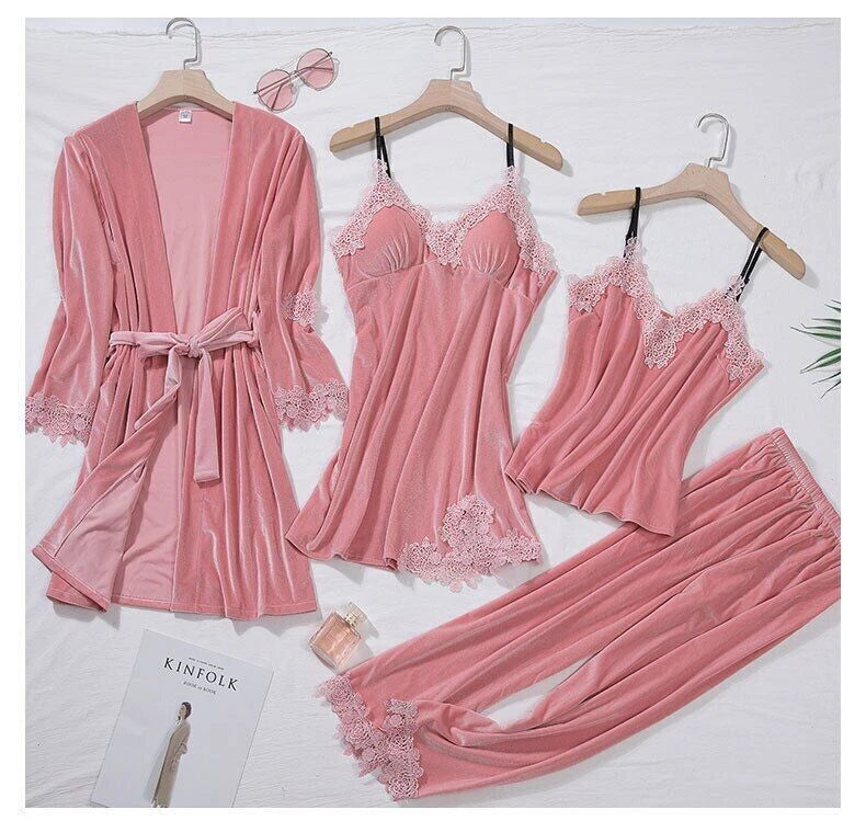 Pajama Suit Women 4PCS Robe Set Sleepwear Lady Lace Folwer Bathrobe Gown