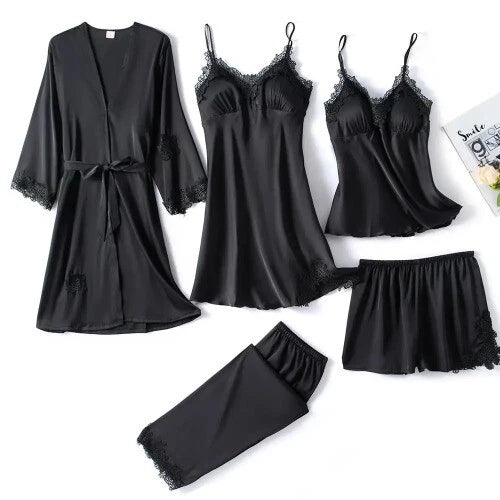 5PC Robe Sleep Suit Lace Satin Pajamas Gown Set V-Neck Wear Home Nightwear