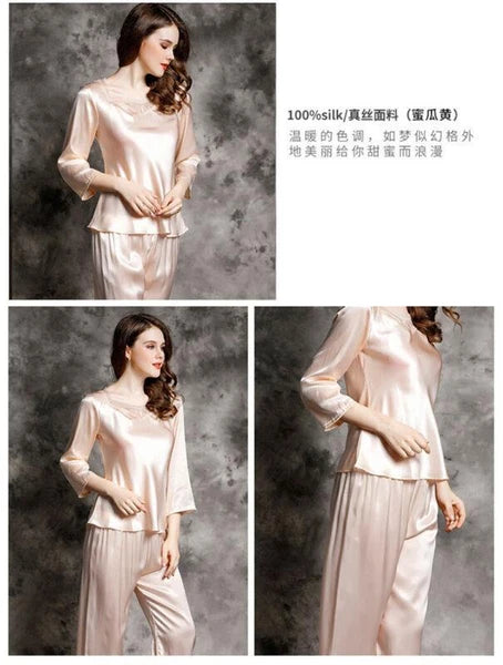 New Women Silk Pajamas Set,2 pcs,100% Mulberry Silk Sleepwear Nightwear U7130