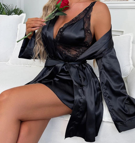 Womens Satin Kimono Robe w/ Dress Lingerie Set Nightgown Sleepwear Silk Bathrobe