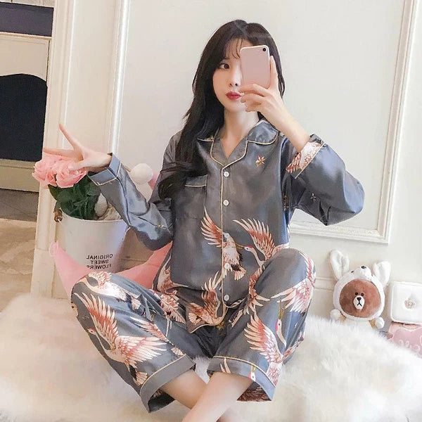 Women's Long Sleeve Silk Pajama Set Button-Down Sleepwear Print Loungewear Plus
