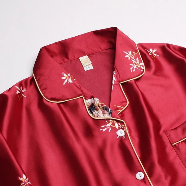 Women's Long Sleeve Silk Pajama Set Button-Down Sleepwear Print Loungewear Plus