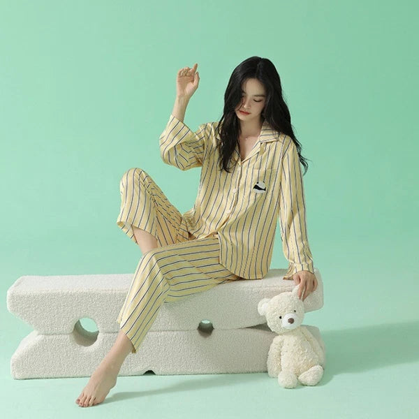 Women's Long Sleeve Pajamas Fashion Striped Homewear Comfortable Antibacterial Clothing-