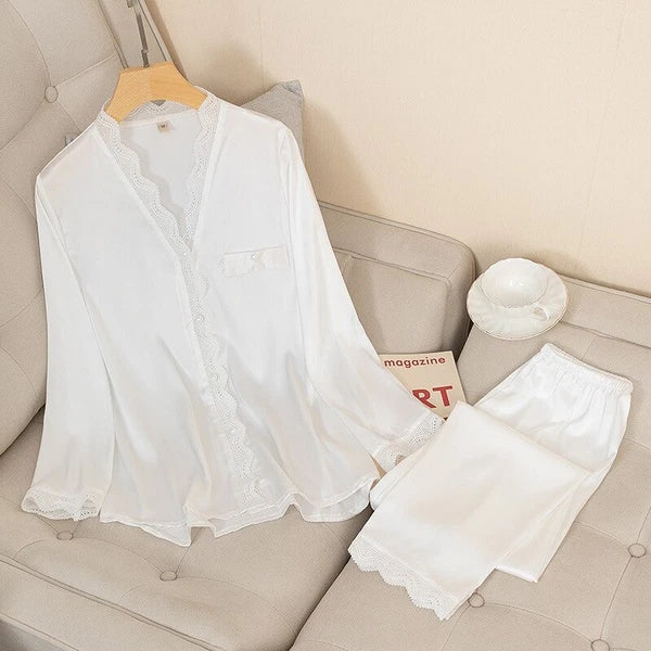 Pajamas Set Satin Women 2 Piece Sleepwear Silky Pyjamas Nightwear Shirt&Pants