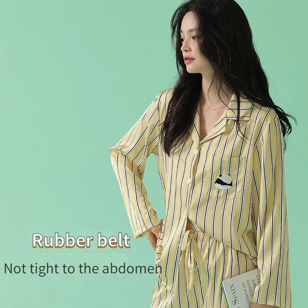 Women's Long Sleeve Pajamas Fashion Striped Homewear Comfortable Antibacterial Clothing-