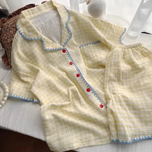 Summer Thin Plaid Pajama Set Cute 2 Piece Sleepwear Indoor Outdoor-
