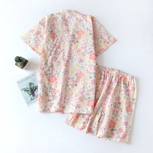 Japanese Women 100% Gauze Cotton Pajamas Set Kimono Short Sleeve Print Sleepwear