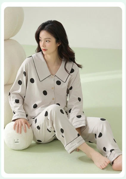 Ladies' Pajamas Set Outdoor Polka Dot Print Antibacterial Autumn Long Sleeve