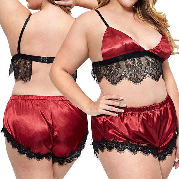 Plus Size Womens Satin Nightwear Lace Trim Bra Top Sissy Shorts of Lingerie Set