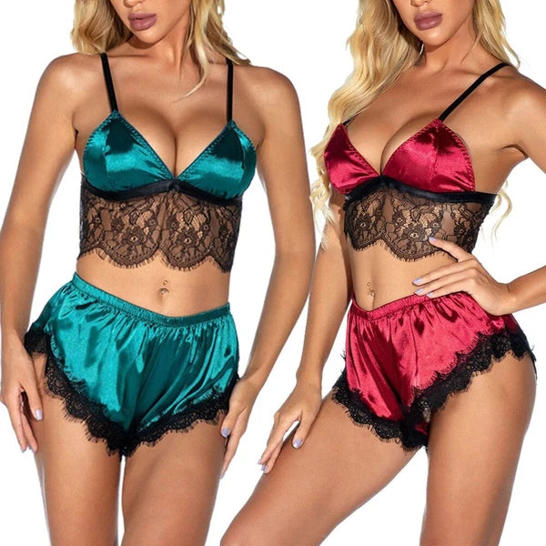 Womens Sexy-Lingerie Sleepwear Satin Silk Babydoll Lace Nightwear Pajamas Set US