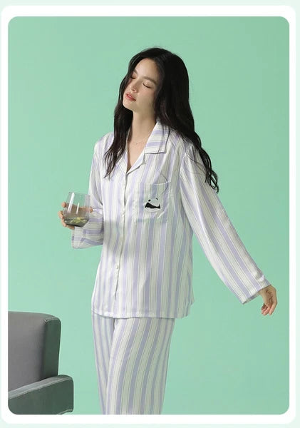 Women's Long Sleeve Pajamas Fashion Striped Homewear Comfortable Antibacterial Clothing-