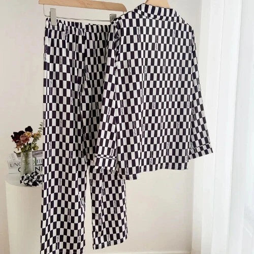 Sleepwear Two-Piece Set Elegant Print Plaid LongSleeve PijamasSuit Spring Summer
