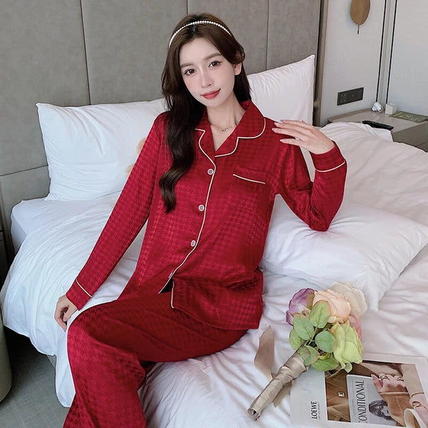 Women's Long Sleeve Silk Pajama Set Button-Down Sleepwear Print Loungewear Plus