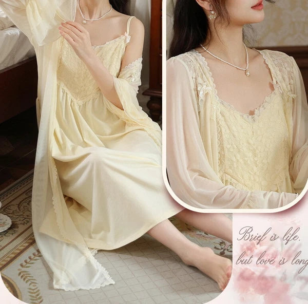 Women Lounge Suit Sling Padded Dress Cotton Robes Mesh Nightwear 2pcs 161201