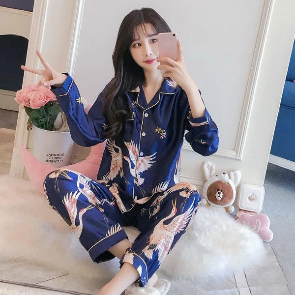 Women's Long Sleeve Silk Pajama Set Button-Down Sleepwear Print Loungewear Plus